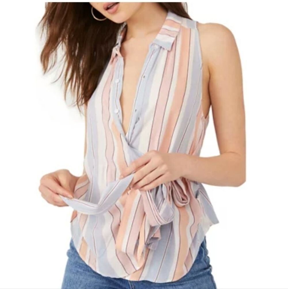 Free People Mackenzie striped Wrap Sleeveless Top Blouse Size Small